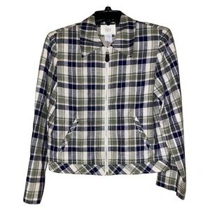 Tofy Vtg Women’s Linen Blend Plaid Zip Jacket‎ Navy Green Tan Plaid Lined Size 8